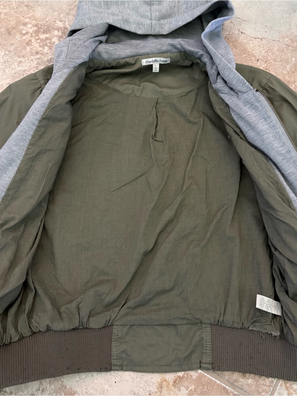Charlotte Russe Olive Hooded Utility Bomber Jacket Dual Zipper Gray Hood Cropped - Picture 6 of 10